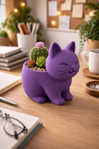 Otscraft Studio Kedi Sukulent Saksısı 3D Baskı Dekoratif Çiçek Saksısı Masaüstü Ofis ve Ev Dekoru Sevimli Kedi Tasarımı ürün görseli 1
