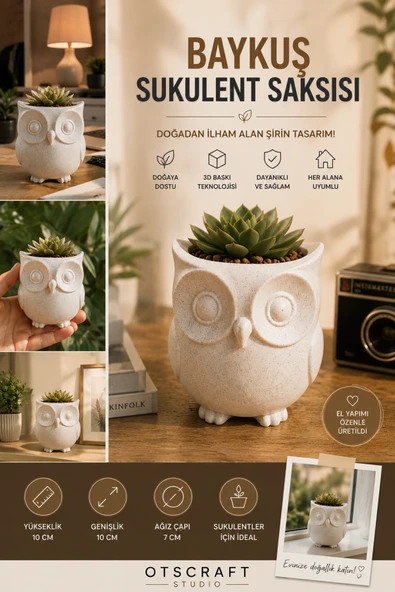 Otscraft Studio Baykuş Figürlü Sukulent Saksısı 3D Baskı Dekoratif Mini Saksı Masaüstü & Ofis Dekoru ürün görseli 1