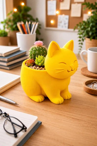 Otscraft Studio Kedi Sukulent Saksısı 3D Baskı Dekoratif Çiçek Saksısı Masaüstü Ofis ve Ev Dekoru Sevimli Kedi Tasarımı ürün görseli 1