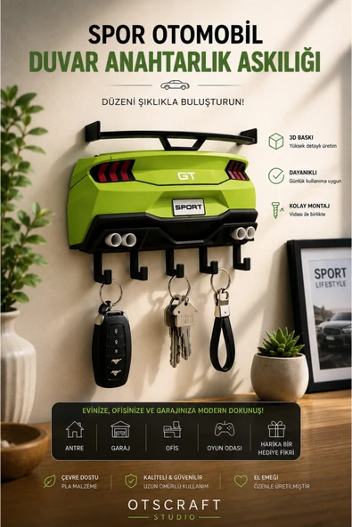 Otscraft Studio Spor Otomobil Temalı Duvar Anahtarlık Askılığı 3D Baskı Dekoratif Key Holder ürün görseli 1