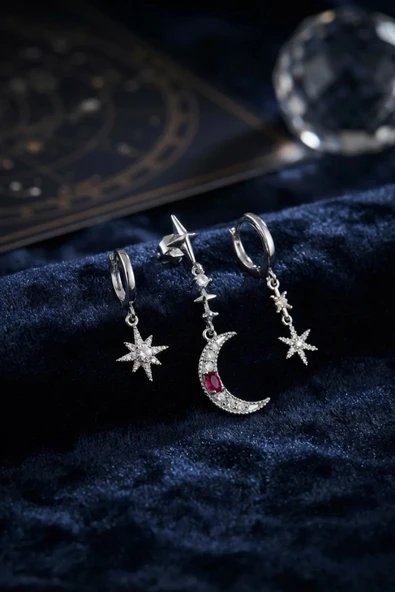 Gümüş Renk 3 lü Ay ve Yıldız Model Küpe ürün görseli 1