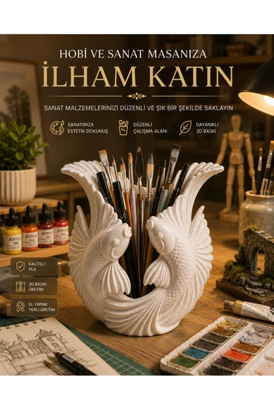 Otscraft Studio Koi Balıklı Dekoratif Kalemlik 3D Baskı Masaüstü Organizer Fırçalık Makyaj Organizeri ürün görseli 1