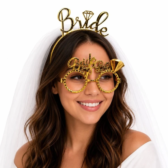 Bride Yazılı Gold Taç Ve Parti Gözlüğü Seti ürün görseli 1