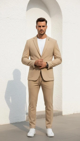 TK6870 Erkek Gofre Desenli Takım Elbise Bağcıklı Pantolon Duble Paça Tek Düğme Modern Slim Fit ürün görseli 1
