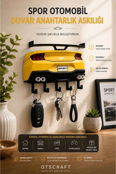 Otscraft Studio Spor Otomobil Temalı Duvar Anahtarlık Askılığı 3D Baskı Dekoratif Key Holder ürün görseli 1