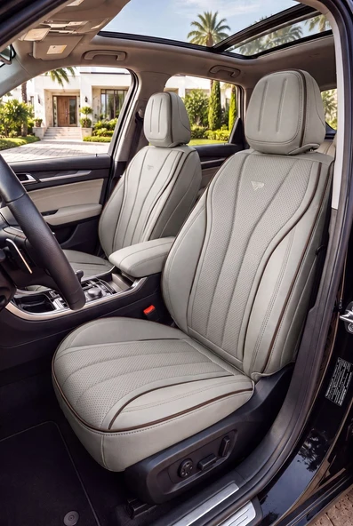 PANDA PREMIUM IMPERIAL SERİSİ KOMPLE DERİ ORTOPEDİK OTO KOLTUK KILIFI - TAM SET - BEJ - BEJ ürün görseli 1