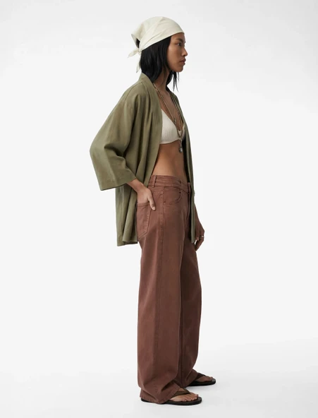 Kupro Viskon Kumaş Cepli 3/4 Kol Oversize Kimono ürün görseli 1