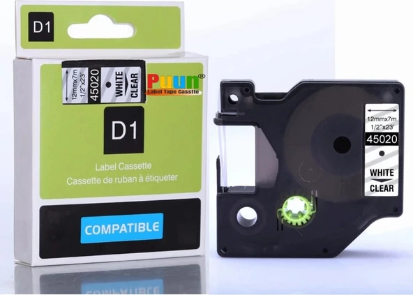 Dymo D1 45020 S0720600 12MM x 7 Mt. Muadil Şeffaf Etikete Beyaz Yazı Şerit Etiketi Labelmanager 100+,120P,150,160,200,210D,220P,280P,300,350,360D,400,420P,450D,500TS,PC,PCII,PNP,PNP Wireless ürün görseli 1