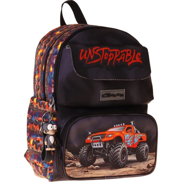 Kaukko Kids Erkek Çocuk Arazi Aracı Baskılı Okul Çantası - Siyah - Kırmızı - Soil Truck - L5359 ürün görseli 1