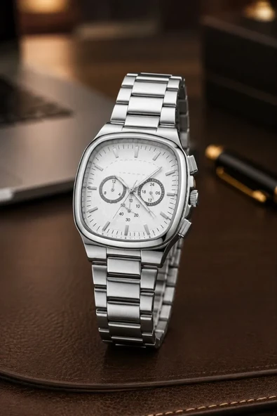 Erkek Gümüş Renk Metal Kordon Analog Kol Saati Çok Fonksiyonlu Beyaz Kadran - Gümüş ürün görseli 1
