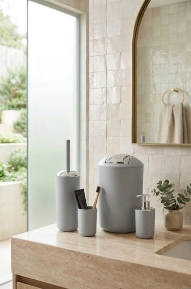 4'lü Gri, Banyo Aksesuar Seti, Çöp Kovası Seti - Brazil Model ürün görseli 1