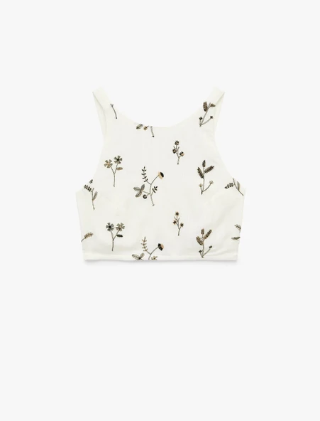 Slim Fit Floral Nakış Detaylı Brodeli Halter Yaka Crop Büstiyer ürün görseli 1