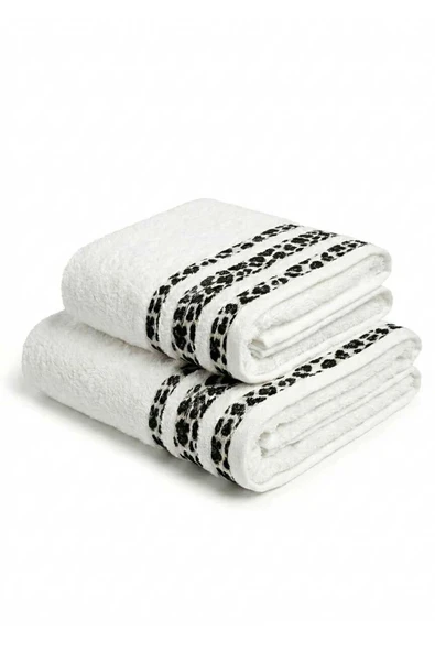 2 Parça Banyo Havlu Seti %100 Pamuk 70x140+50x90 Cm Savana Beyaz ürün görseli 1