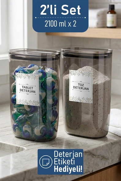 İronika Etiket Hediyeli Sızdırmaz Kapaklı Tablet Toz Deterjan Saklama Kabı 2100 ml 2 Adet Füme ürün görseli 1