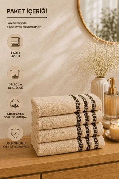 4lü El Yüz Havlusu Seti %100 Pamuk 50x90 cm Savana Kum Beji ürün görseli 1