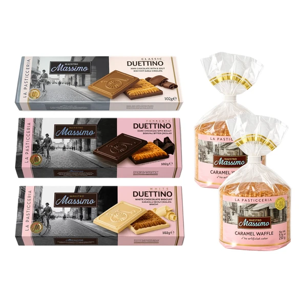 Maestro Massimo Bisküvili Çikolata 102 gr ve Caramel Waffle 5 li Karma Paket ürün görseli 1
