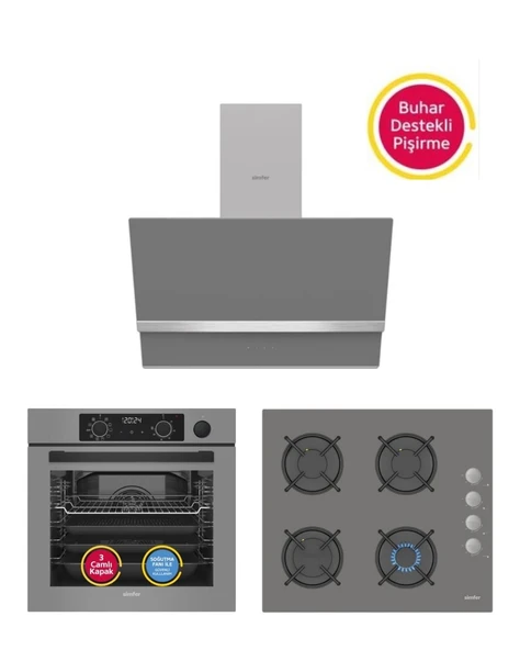Simfer Steam Master Gri 3'lü Ankastre Set (8246 BUHAR VE AİRFRY Fırın - 3538 Ocak - 8740 Davlumbaz) ürün görseli 1