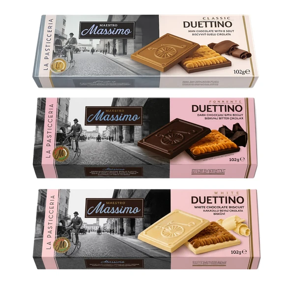 Maestro Massimo Bisküvili Çikolata 102 gr Bitter - Beyaz ve Sütlü Çikolatalı 3 lü Karma Paket ürün görseli 1