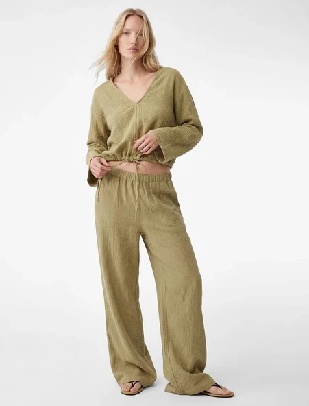 Beli Lastikli Pamuklu Geniş Paça Müslin Pantolon ürün görseli 1