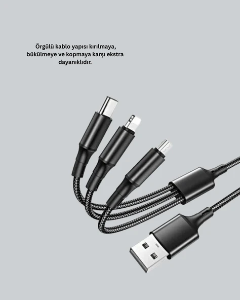 3’ü 1 Arada Hızlı Şarj Kablosu – iOS Android Type-C Uyumlu - Resim 3