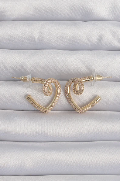 Pirinç Gold Renk Zirkon Taşlı Kıvrımlı Yarım Kalp Küpe 5886 ürün görseli 1
