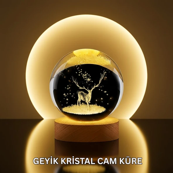 Doğal Ahşap Standlı Geyik Figürlü Kristal Küre LED Dekoratif Lamba ürün görseli 1