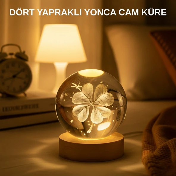 USB Bağlantılı Yonca Bitkili Cam Küre Ahşap Altlıklı Dekoratif Lamba ürün görseli 1