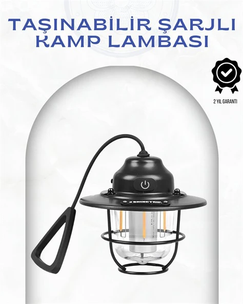 Geometrik Tasarımlı Vintage Kamp Lambası – Type-C Şarj, Ayarlanabilir Parlaklık ürün görseli 1
