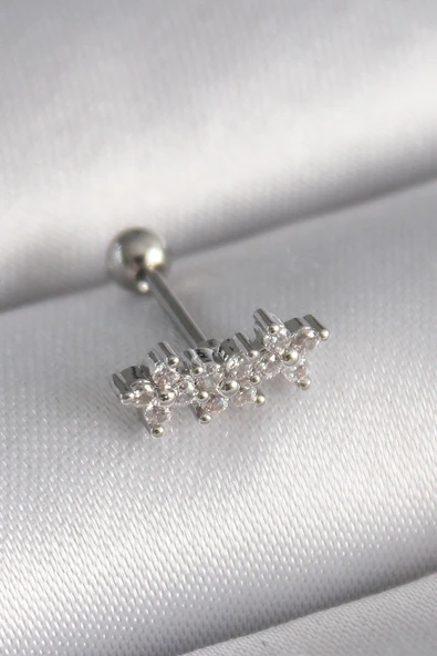 316L Çelik Gümüş Renk Zirkon Taşlı Yonca Tragus Piercing 5886 ürün görseli 1