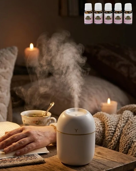 Mini Nemlendirici 5 Esans Hediyeli LED Işıklı Taşınabilir Aromaterapi Buhar Makinesi ürün görseli 1