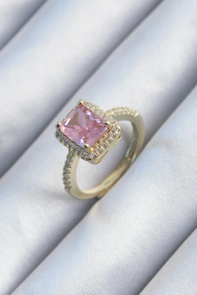 Pirinç Gold Renk Pembe Zirkon Taşlı Kadın Yüzük 5886 ürün görseli 1