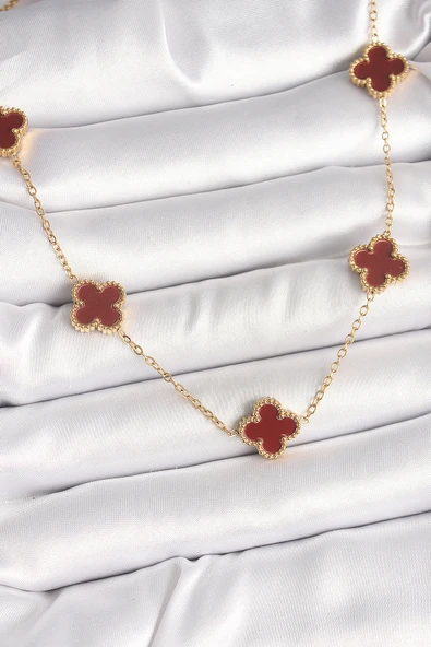 316L Çelik Gold Renk Zincir Bordo Yonca Model Kadın Kolye 5886 ürün görseli 1