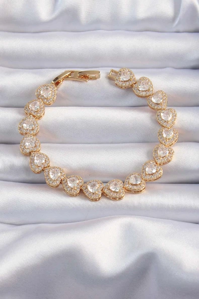 Pirinç Vip Seri Gold Renk Zirkon Taşlı Kalp Model Bileklik 5886 ürün görseli 1
