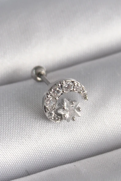 316L Çelik Gümüş Renk Zirkon Taşlı Ay Yıldız Tragus Piercing 5886 ürün görseli 1