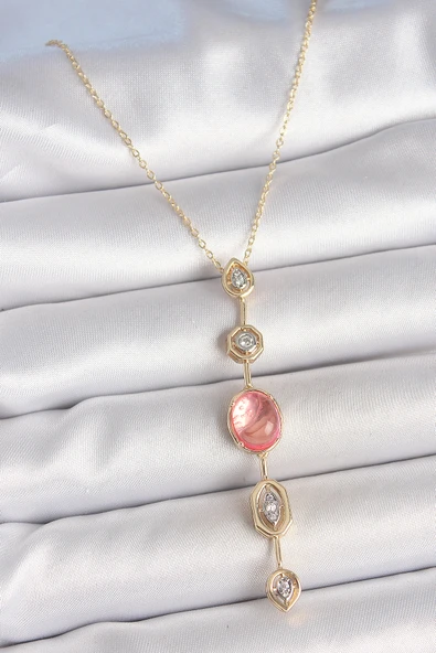 Pirinç Zincir Pembe Gold Renk Zirkon Taşlı Y Kolye 5886 ürün görseli 1