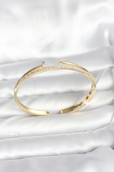 Pirinç Gold Renk Zirkon Taşlı Çivi Model Kadın Kelepçe Bileklik 5886 ürün görseli 1