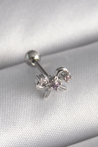 316L Çelik Gümüş Renk Zirkon Taşlı Kurdele Tragus Piercing 5886 ürün görseli 1