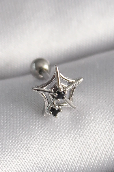 316L Çelik Gümüş Renk Siyah Zirkon Taş Detay Örümcek Ağ Model Tragus Piercing 5886 ürün görseli 1