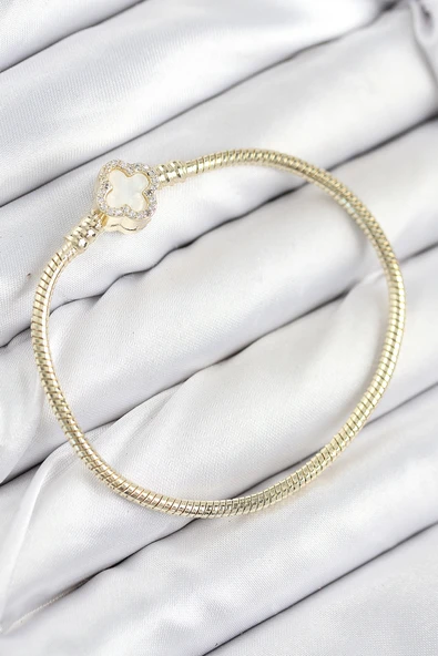 Pirinç Charm Zirkon Taşlı Yonca Model Gold Renk Kadın Bileklik 5886 ürün görseli 1