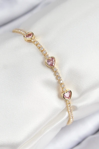 Pirinç Zirkon Taşlı Pembe Kalp Model Gold Renk Kadın Bileklik 5886 ürün görseli 1