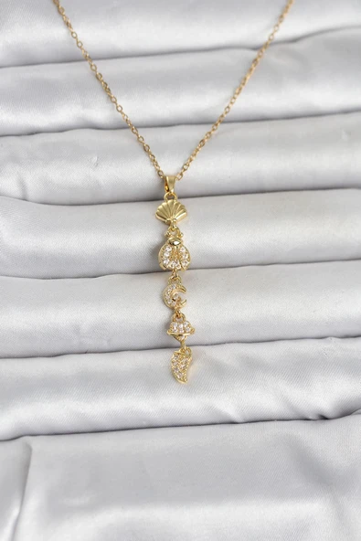 316L Çelik Gold Renk Deniz Temalı Y Model Zirkon Taşlı Kadın Kolye 5886 ürün görseli 1