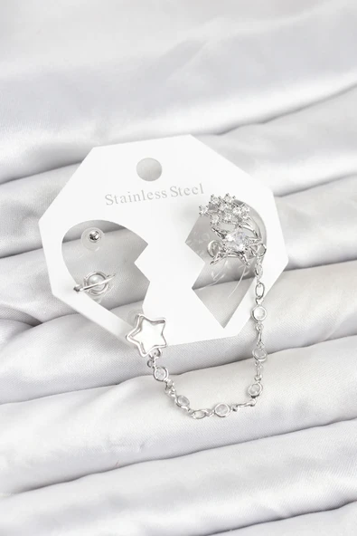 Pirinç Gümüş Renk Yıldız Model Zincir Bağlantılı Ear Cuff Küpe Seti 5886 ürün görseli 1