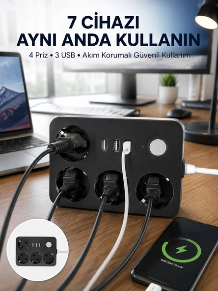 3 USB Çıkışlı 4’lü Akıllı Priz 2500W 2 Metre Kablo ürün görseli 1