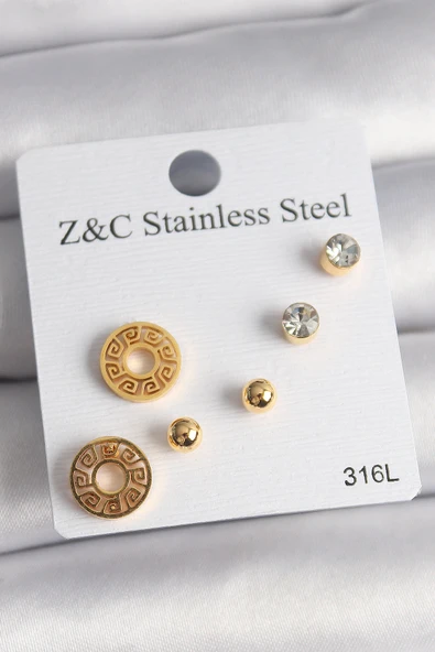 316L Çelik Gold Renk Zirkon Taşı Labirent Model Kadın Küpe Seti 5886 ürün görseli 1