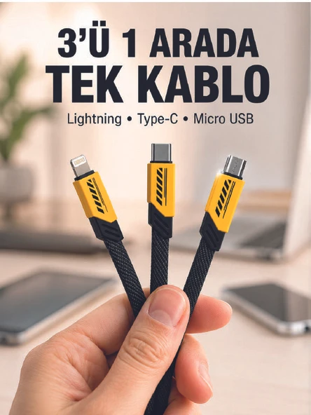 3'lü Şarj Kablosu Hızlı Şarj Destekli Dayanıklı Örgü USB Kablo ürün görseli 1