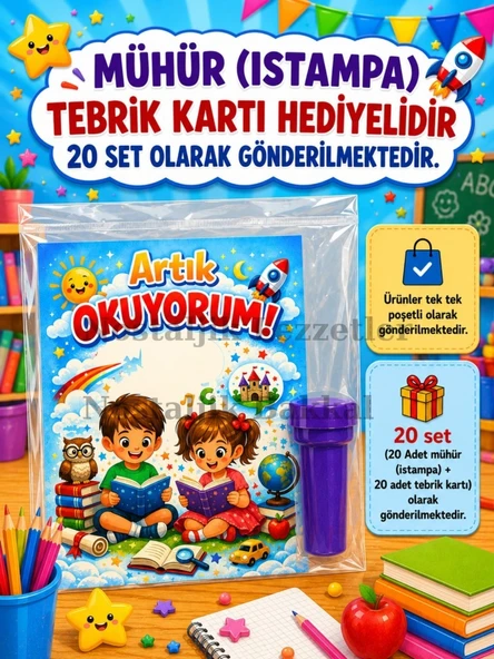 20 Adet Yeni Okumayı Öğrenen Öğrencilere Hediye Artık Okuyorum Yazılı 1. Sınıf Hatırası Mühür (Istampa) Tebrik Kartı Hediyeli ürün görseli 1
