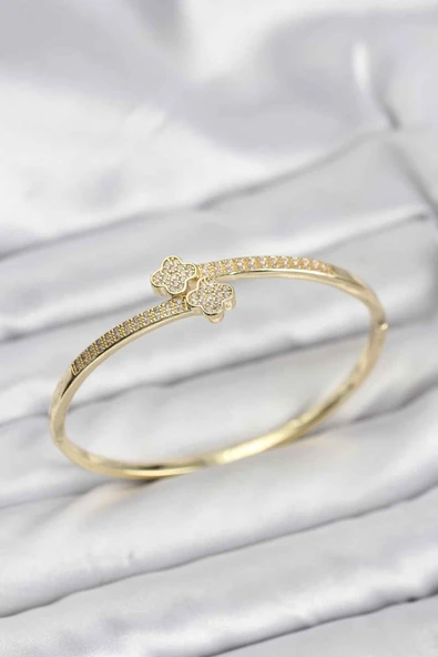 Pirinç Gold Renk Zirkon Taşlı Yonca Model Kadın Kelepçe Bileklik 5886 ürün görseli 1