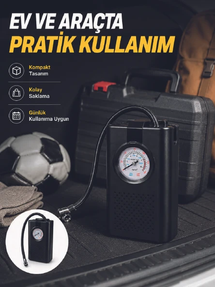 Taşınabilir Araç Hava Pompası Analog Manometreli Lastik Şişirme Pompası ürün görseli 1