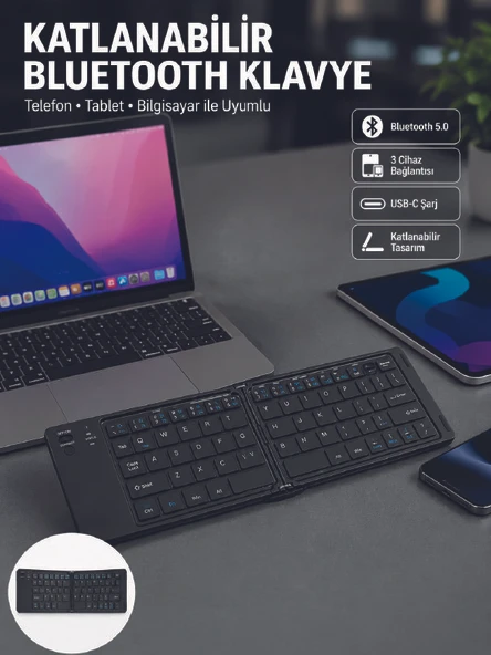 Katlanabilir Bluetooth Klavye 3 Cihaz Bağlantılı Kablosuz Taşınabilir Klavye ürün görseli 1