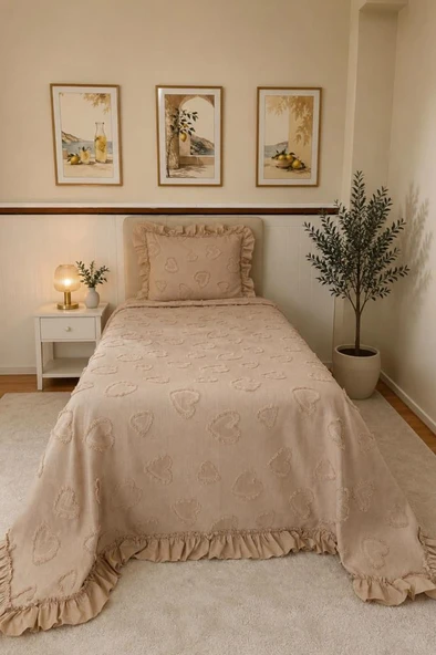 Çeyiz Diyarı Ruffle Pure Love 2 Parça Tek Kişilik Pike Takımı Bej ürün görseli 1